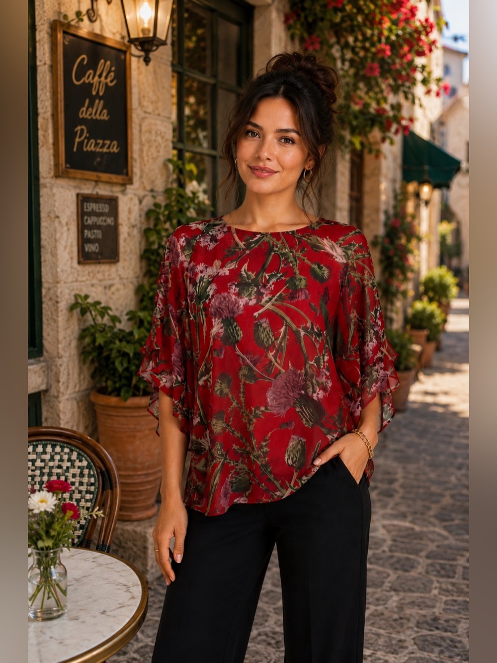 Umgee Red Thistle Print Dolman Blouse Medium | Boho Sheer Ruffle Sleeve Top